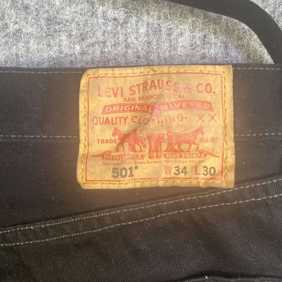 Levis 501 Jeans 34x30 Black Straight Leg Button Fly American Denim Grunge Dark - Picture 10 of 12